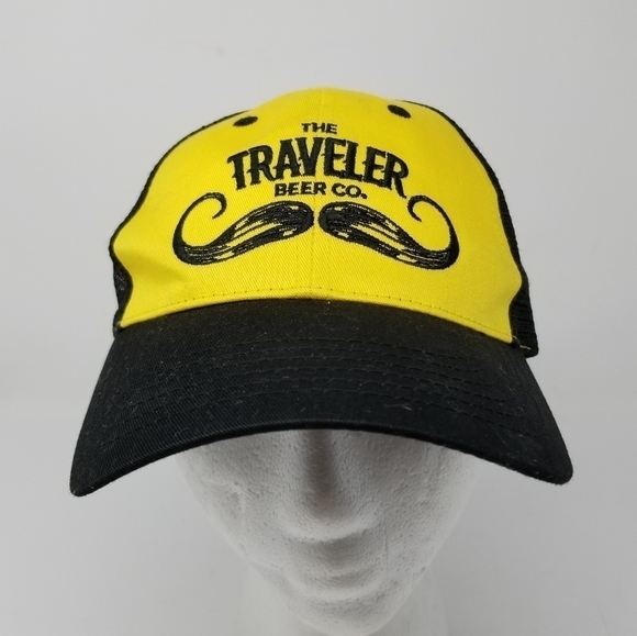 The Traveler Beer Co Trucker Mesh Snap Back Baseball Hat Mustache Black Yellow - Picture 10 of 10